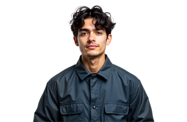 Young man portrait, isolated on transparent background.  Neutral face, dark jacket. Ideal for website hero images, profile pics, advertising, corporate use. Calm, professional.