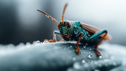 Fototapeta premium Intricate close up image showcases a dew-kissed green grasshopper on a leaf