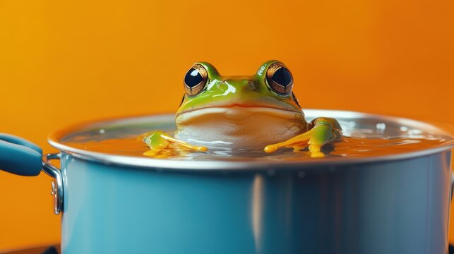 Frog in pot, orange background, cooking