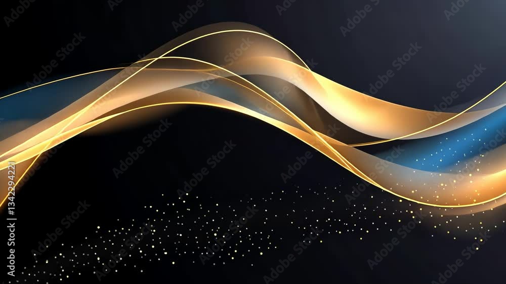 Poster elegant abstract waves in gold and blue on a dark background. soft glowing lines create dynamic move