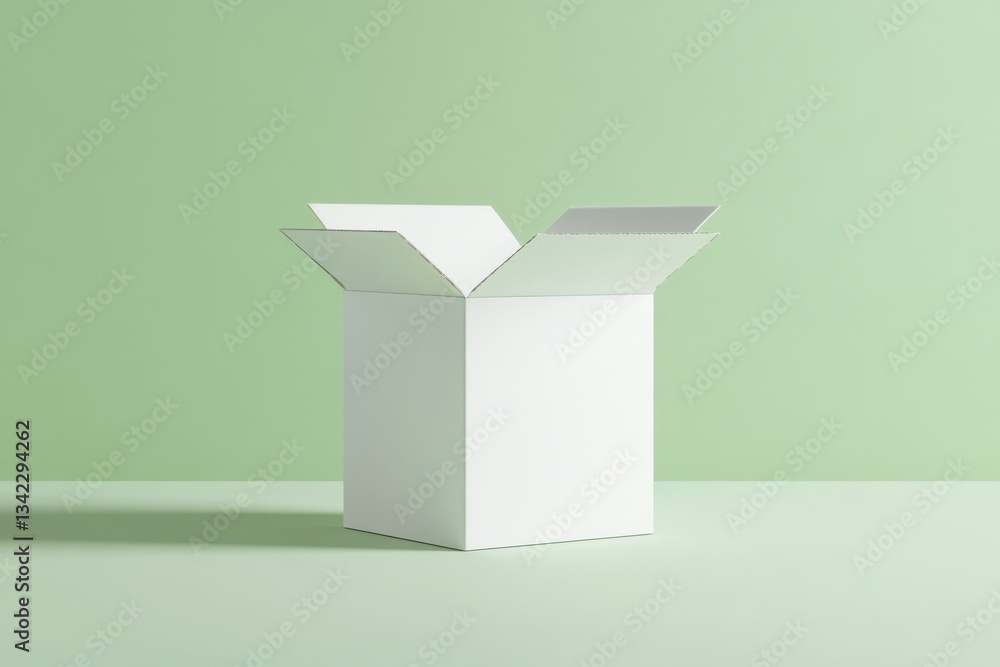 Poster white cardboard packaging box mock-up stands against a soft green background for product display and