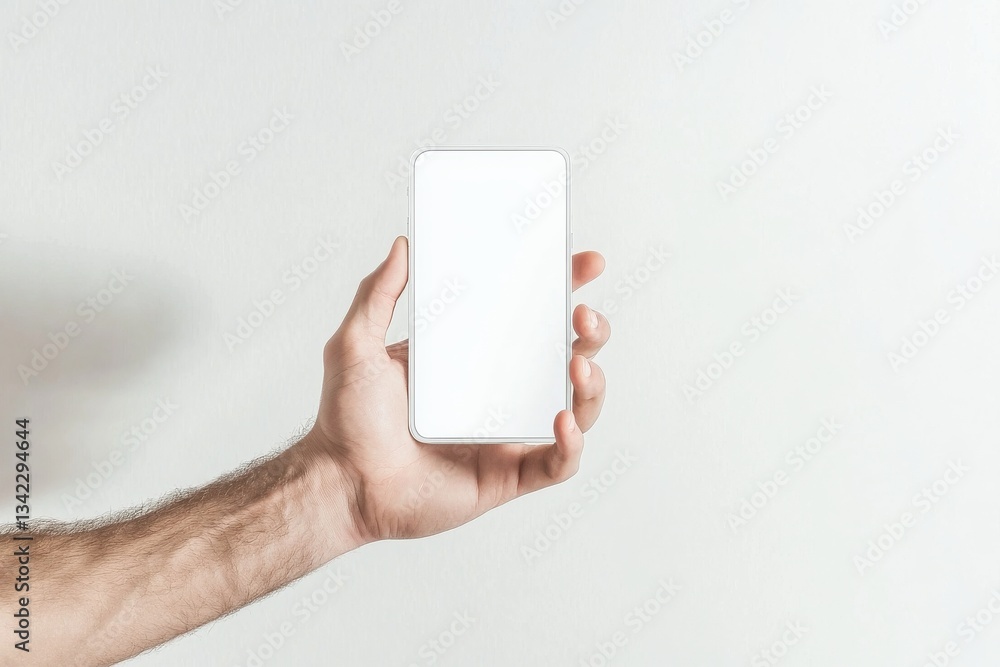 Poster mock-up of a hand holding a blank screen smartphone against a neutral background in a minimalistic s