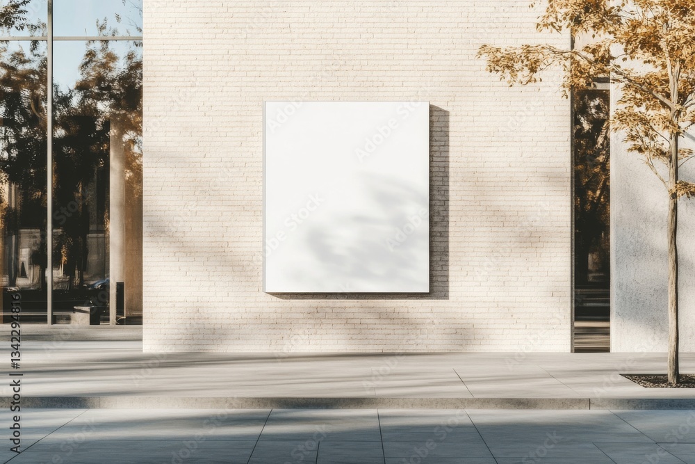 Poster empty mock-up sign displayed on a brick facade in an urban setting