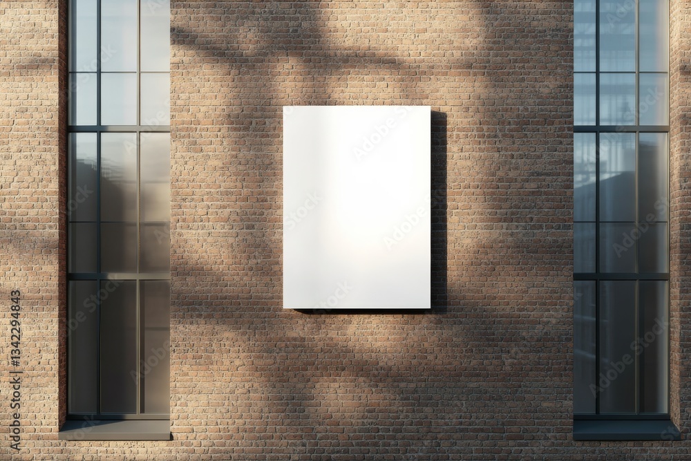 Poster blank sign mock-up displayed on a brick facade between large windows in an urban setting