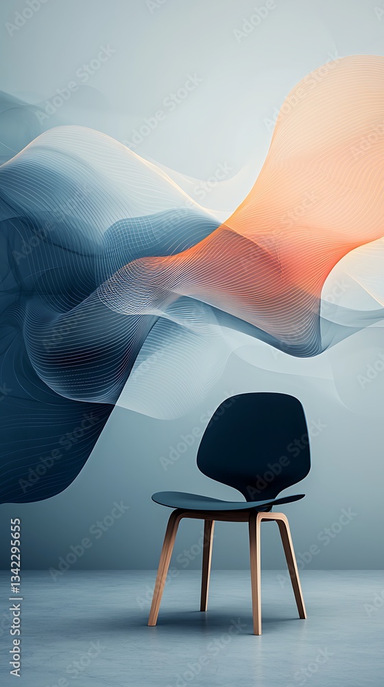 Poster Abstract wall art with a modern chair.  Soft, flowing lines in cool and warm tones create a dynamic visual