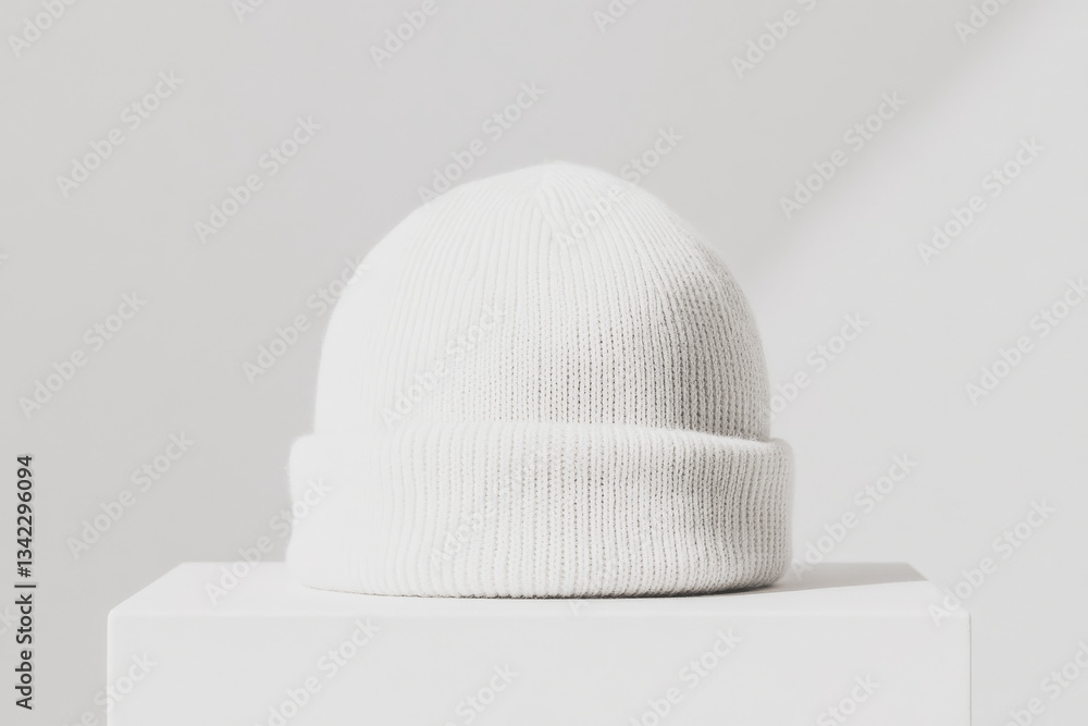 Poster soft knit beanie cap resting flat on a white surface with soft shadows and simple background