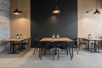 Modern Restaurant Interior Design with Wooden Walls and Black Metal Furniture