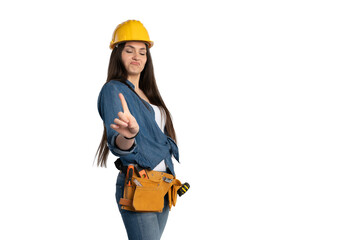 Confident female construction worker making a no gesture