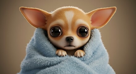 Cute Chihuahua Puppy Wrapped in a Blue Blanket with Big Expressive Eyes