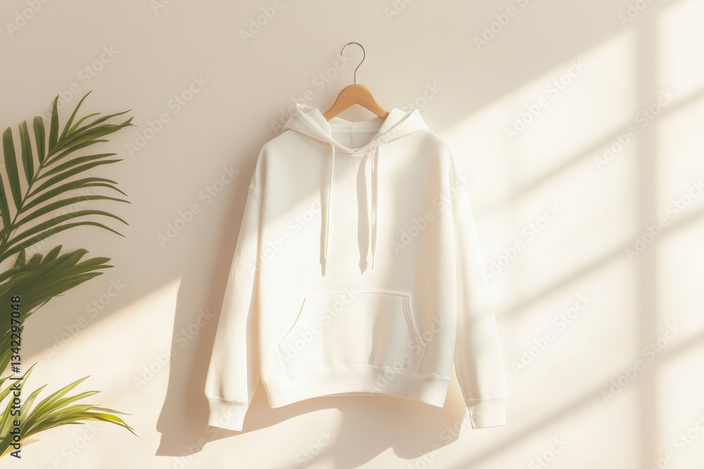 Aufkleber hoodie mock-up displayed on a wooden hanger with soft sunlight filtering through a window