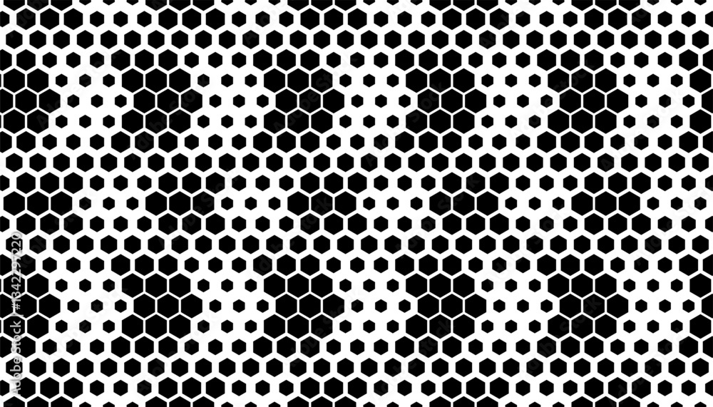 Poster black and white smooth transition of of hexagon shape. halftone effect pattern for modern background