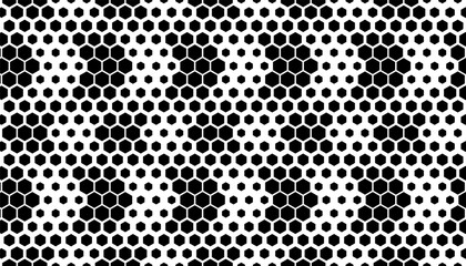 Black and white smooth transition of of hexagon shape. Halftone effect pattern for modern background and jersey design. Vector Format Illustration 
