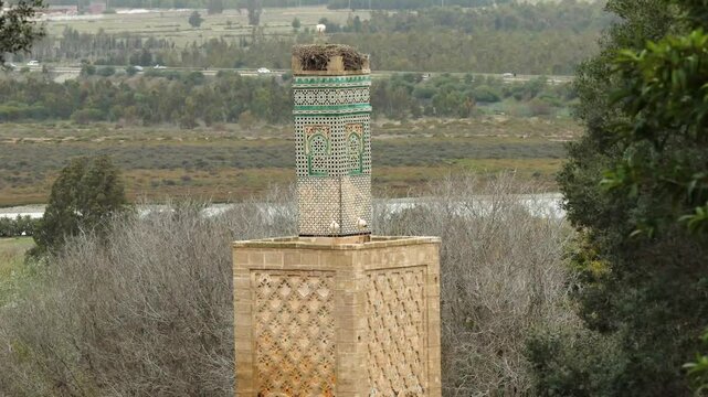 Close up of ancient mosque's tower in the site of Chellah. Ancient archeological site located in Rabat, Morocco. 