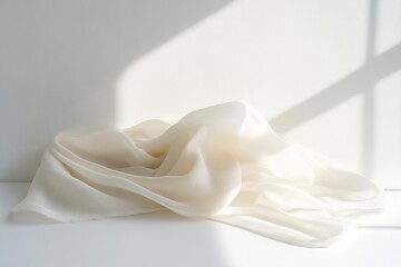 Soft white scarf arranged elegantly on a clean white surface with natural light streaming in