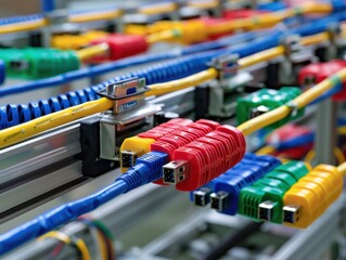 Ethernet cable color coding production line an industrial sorting system shows technical precision in systematic manufacturing process.