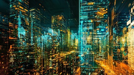 A vibrant cityscape showcasing futuristic skyscrapers and glowing lights.