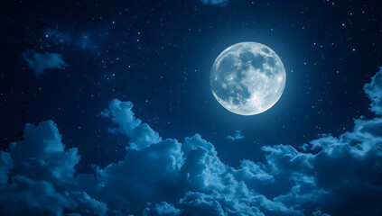 the bright moon shines in the night sky, surrounded by clouds,