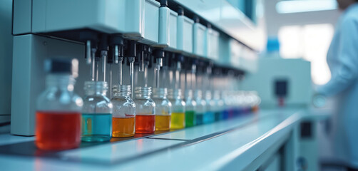 Close-up of liquid chromatography machine analyzes colorful solutions in medical lab. Automated diagnostic equipment in biotech science research center. Vials lined for pharmaceutical analysis.