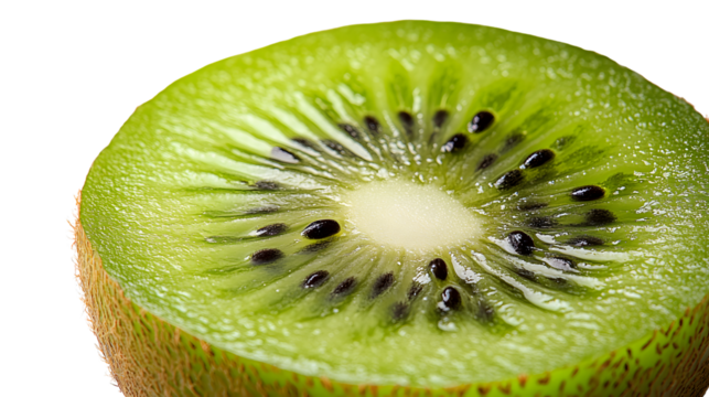 Closeup of a juicy kiwi fruit slice vibrant green color macro photography healthy food text