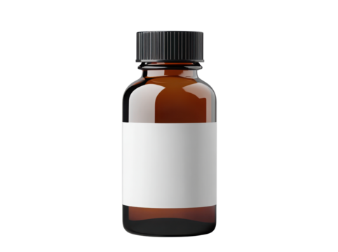 Brown glass bottle with white label and black cap isolated on transparent background for branding and packaging design projects