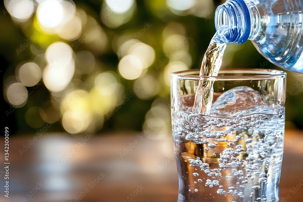 Poster pouring fresh water from plastic bottle into drinking glass with sparkling bubbles and bokeh backgro