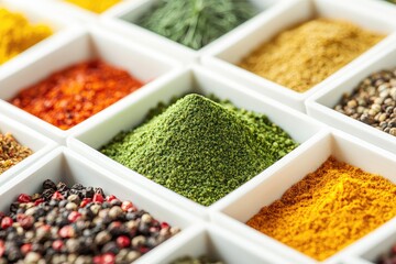 Fototapeta premium Colorful spice collection in small white boxes. Various spice powders and peppercorns arranged in a grid pattern