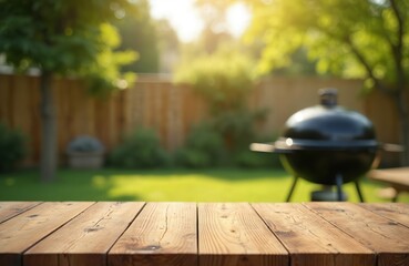Wooden table in front of backyard grill with green grass. Sunny summer day. Perfect for product placement background. Grill, trees on background. Outdoor cooking, picnic, bar-b-q with friends, family.