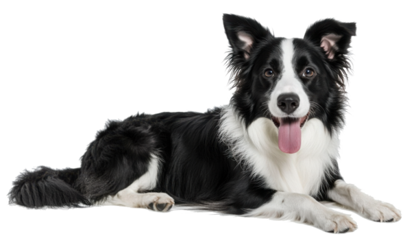 Charismatic typical black and white young adult Border Collie dog, standing side way in bow command. Looking straight to camera with mouth open. Isolated cutout on a transparent background
