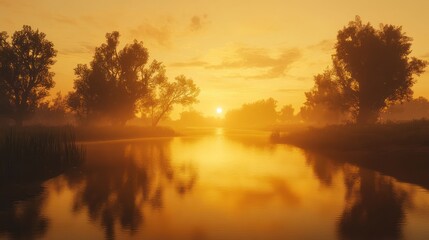 Fototapeta premium Serene river reflecting a vibrant golden sunset amidst silhouetted trees