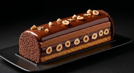 Chocolate Hazelnut Cake with decorative pattern for gourmet dessert blogs, bakery promotional materials, holiday menu design, gift catalogs, and premium recipe websites