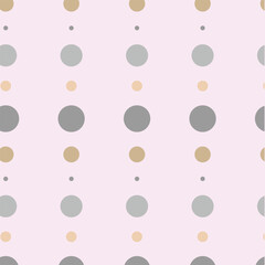 Gold, yellow and grey circle dots lined up on purple background repeated pattern. Square design