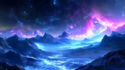 A stunning cosmic landscape featuring mountains under a vibrant, star-filled sky.