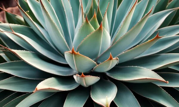 Close-up of an agave succulent plant with striking blue-green leaves and spiky orange tips.