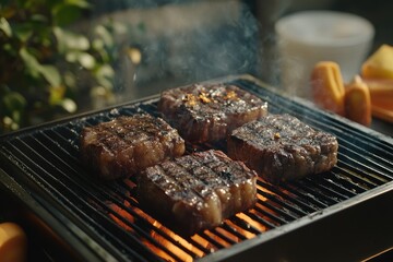 Outdoor grilling steaks, backyard barbecue, summer food