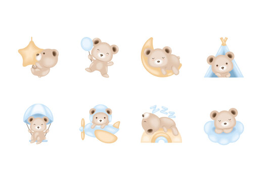 Colorful Baby Shower Bears Illustration Set