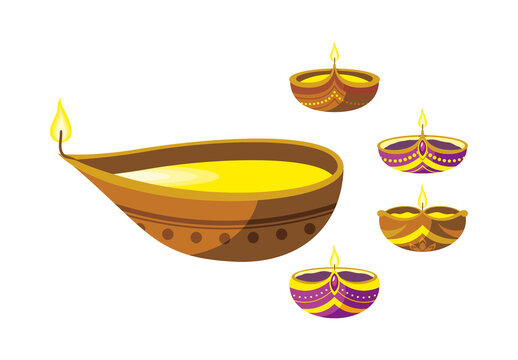 Bright Diwali Festival Candle Light Illustration Set