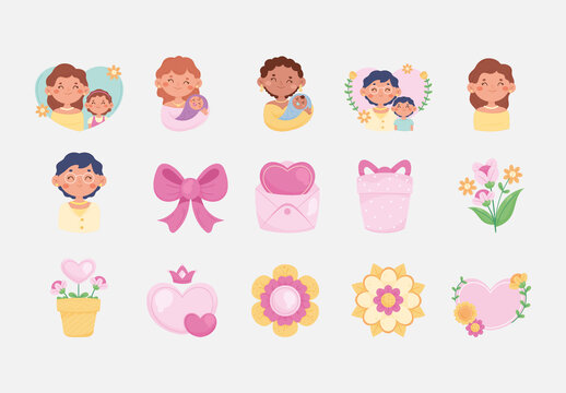 Loving Mother's Day Cute Family Celebration Icons Set