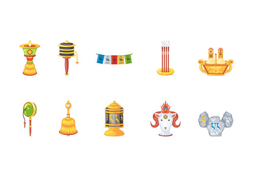 Traditional Losar Tibetan New Year Celebration Icons Set