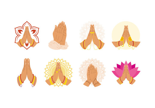 Spiritual Namaste Indian Greeting Hands Illustration Set