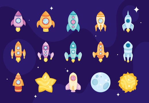 Colorful Rockets Spaceships Launch Outer Space Illustration Set