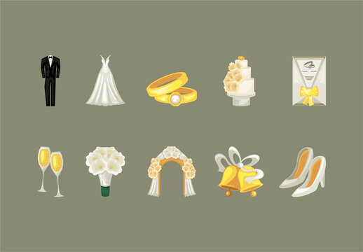 Colorful Wedding Elements Celebration Marriage Decoration Illustration Set