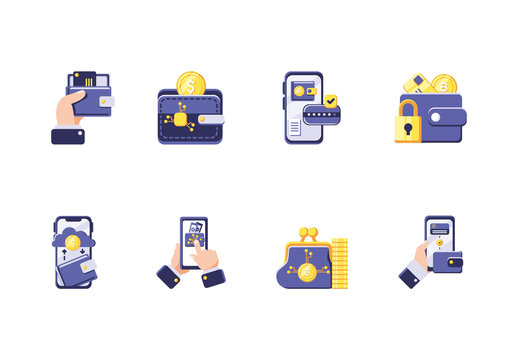 Colorful Virtual Wallet Mobile Banking Finance Icons Set