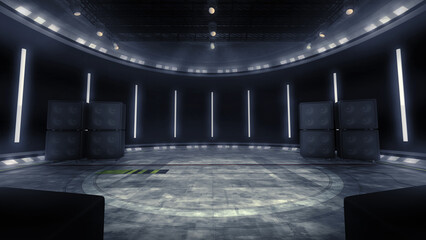 Music stage virtual studio background, with a PA and spotlights. Custom 3D render backdrop, ideal for band shows and live performances, online events, etc. Suitable on VR sets, with green screen