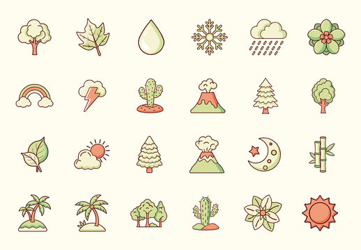 Green and Brown Nature Elements Icons Set
