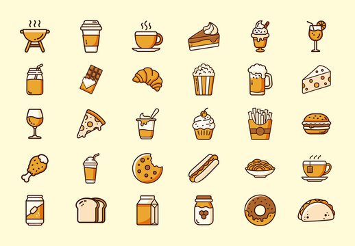Yellow and Brown Food and Drinks Icons Set