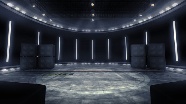 Music stage virtual studio background, with a PA and spotlights. Custom 3D render backdrop, ideal for band shows and live performances, online events, etc. Suitable on VR sets, with green screen