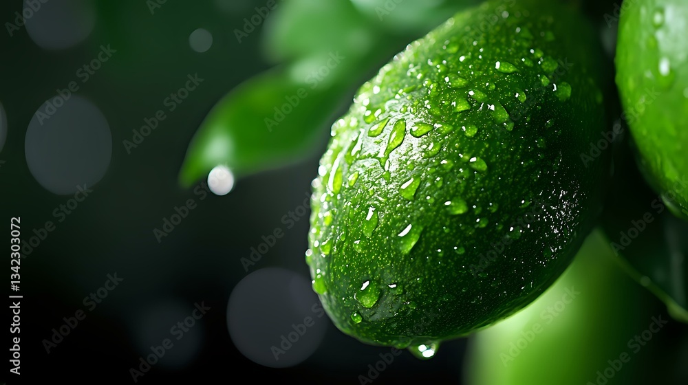 Poster fresh green lime with water drops on dark background, macro shot with selective focus and bokeh effe