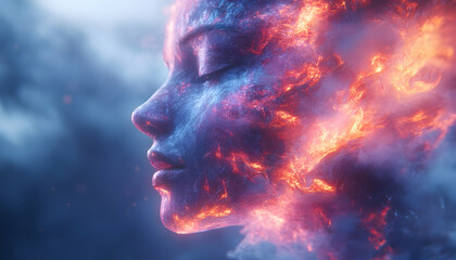 Woman's face engulfed in fire and smoke