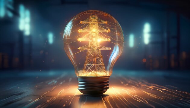 Power tower light bulb glows in a futuristic data center.