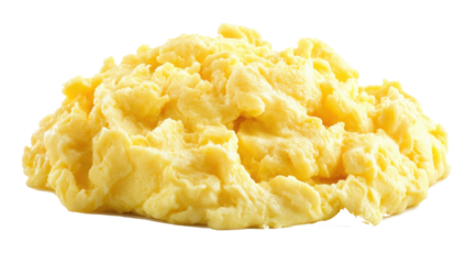 Scrambled egg with yolk in isolated yellow omelette, symbolizing a healthy, tasty breakfast meal, ideal for food photography or healthy eating promotions. Isolated on transparent background.